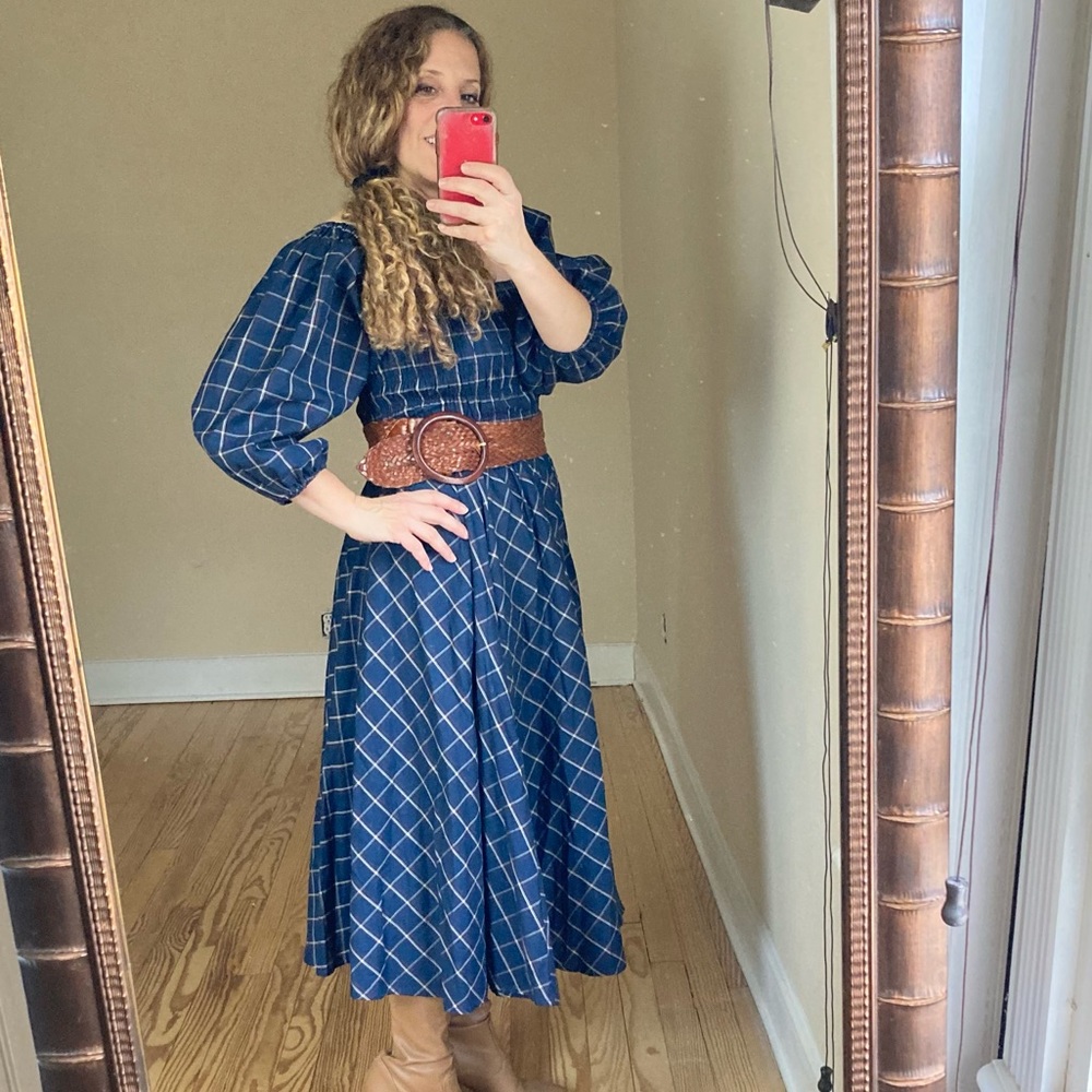 eShakti plaid dress peasant long full skirt shirred top square neckline medium